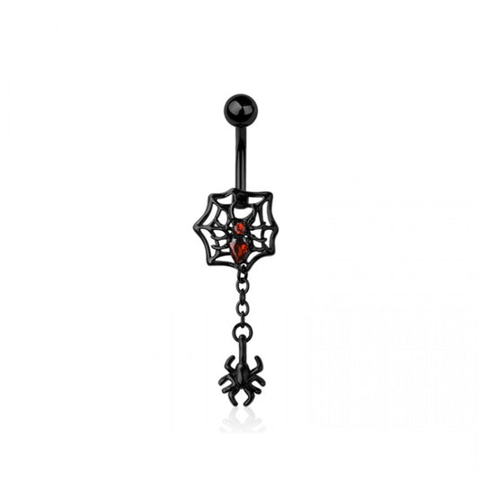 CZ Crystal Spider and Web with Dangling Spider Belly Button Ring - 316L Stainless Steel