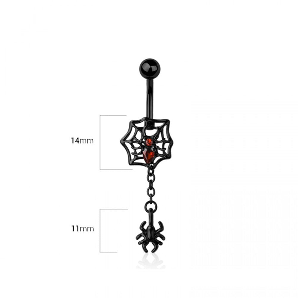 CZ Crystal Spider and Web with Dangling Spider Belly Button Ring - 316L Stainless Steel