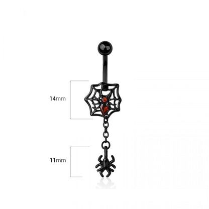 CZ Crystal Spider and Web with Dangling Spider Belly Button Ring - 316L Stainless Steel