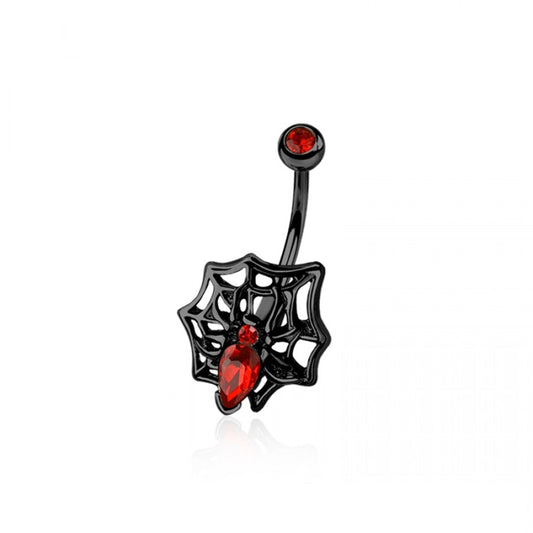 CZ Crystal Spider and Web Belly Button Ring - 316L Stainless Steel