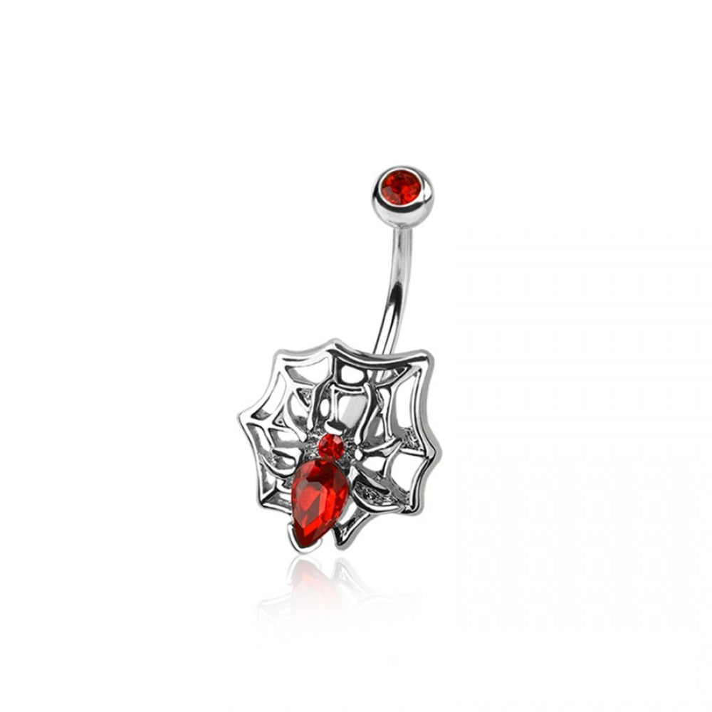 CZ Crystal Spider and Web Belly Button Ring - 316L Stainless Steel