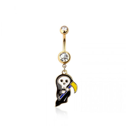 CZ Crystal Grim Reaper Dangling Belly Button Ring - Gold Plated 316L Stainless Steel