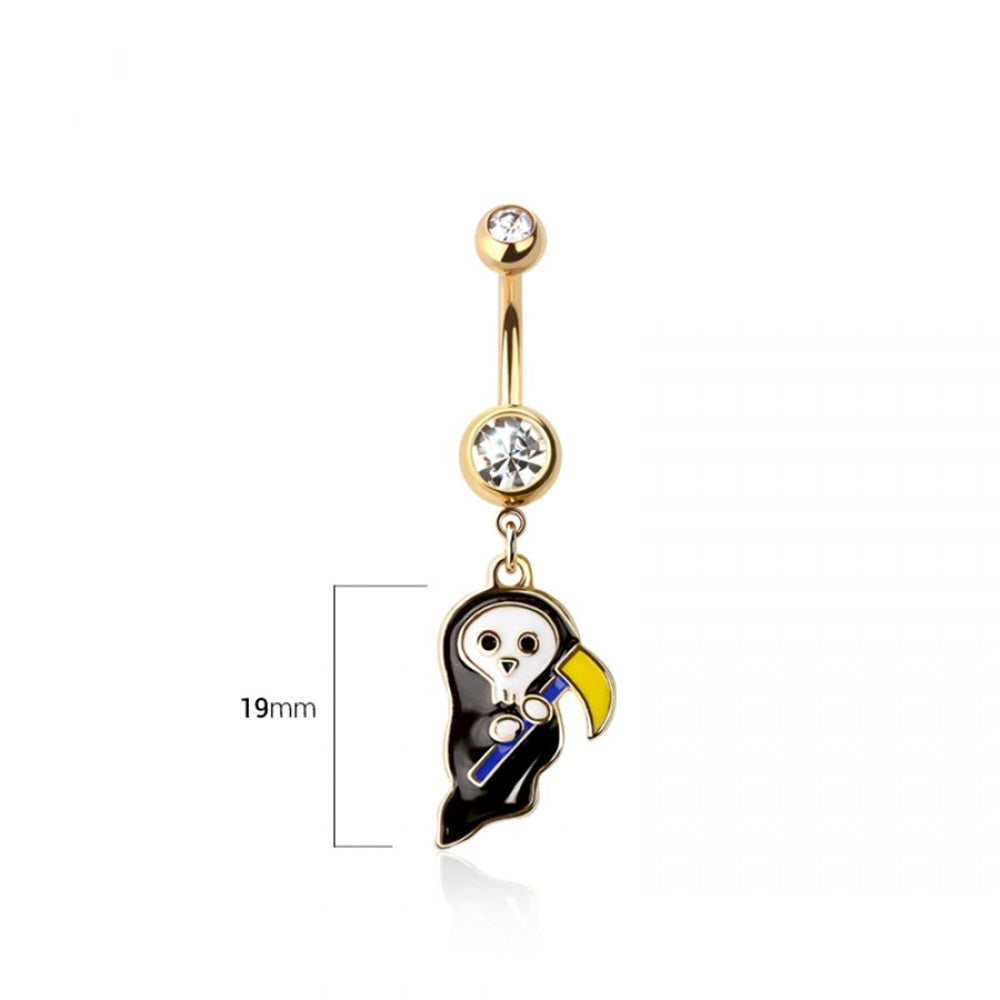 CZ Crystal Grim Reaper Dangling Belly Button Ring - Gold Plated 316L Stainless Steel