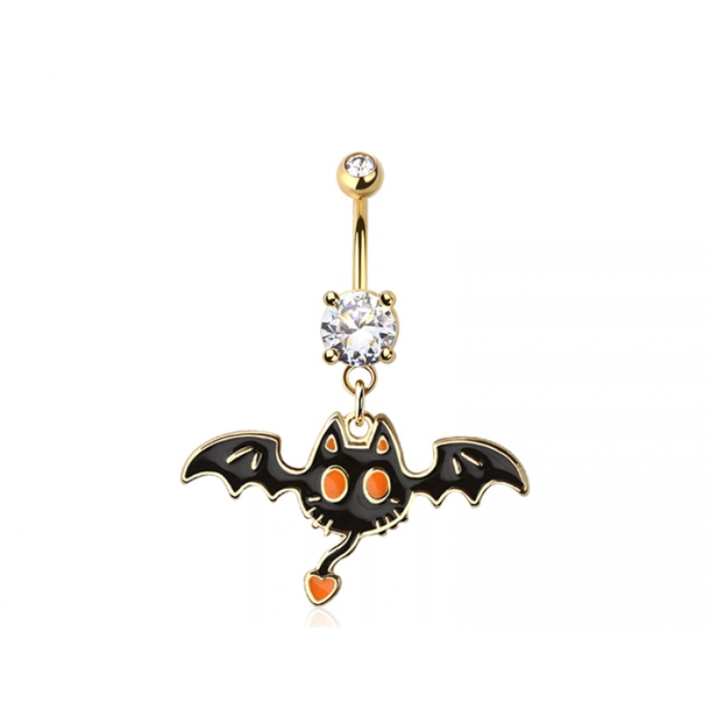 CZ Crystal Cat Bat Dangling Belly Button Ring - Gold Plated 316L Stainless Steel