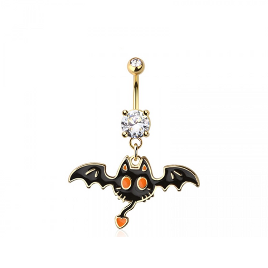 CZ Crystal Cat Bat Dangling Belly Button Ring - Gold Plated 316L Stainless Steel