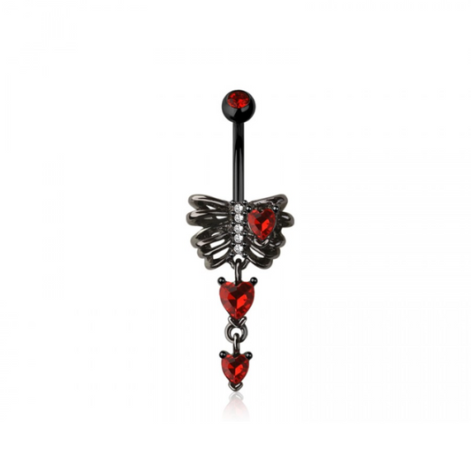 Red CZ Crystal Rib Cage Dangling Belly Button Ring - Black 316L Stainless Steel