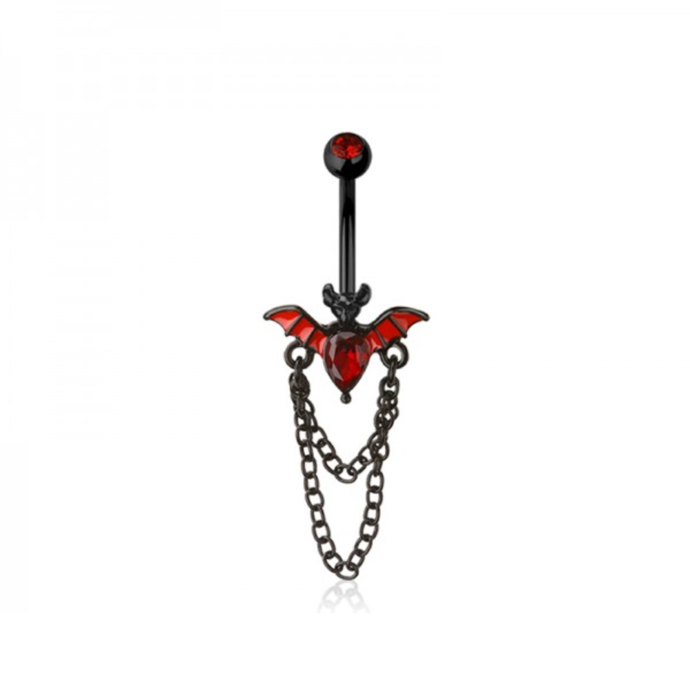 Red CZ Crystal Bat with Dangling Chains Belly Button Ring - Black 316L Stainless Steel