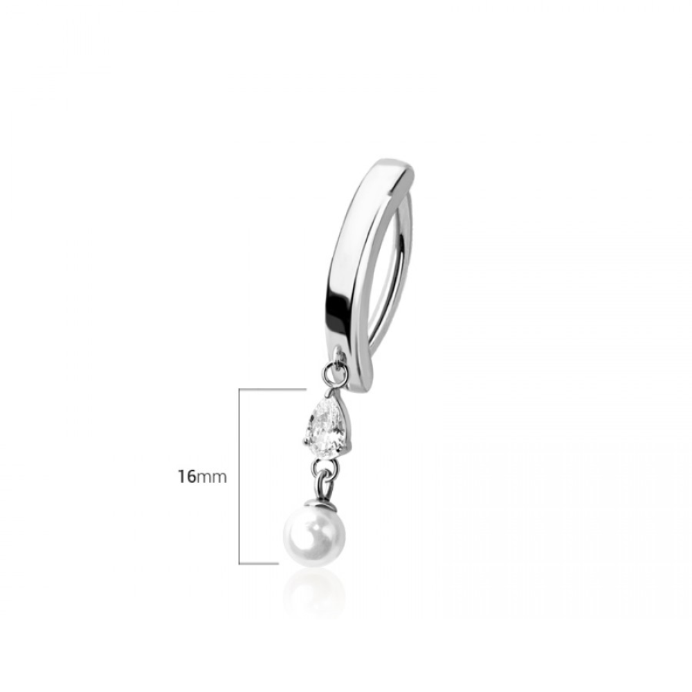 Dangling CZ Crystal Teardrop with Faux Pearl Hinged Curved Bar Clicker Belly Button Ring - 316L Stainless Steel