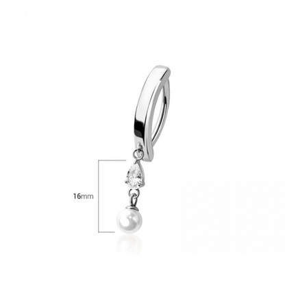 Dangling CZ Crystal Teardrop with Faux Pearl Hinged Curved Bar Clicker Belly Button Ring - 316L Stainless Steel