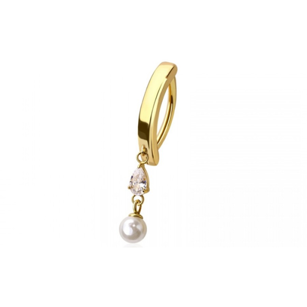 Dangling CZ Crystal Teardrop with Faux Pearl Hinged Curved Bar Clicker Belly Button Ring - 316L Stainless Steel