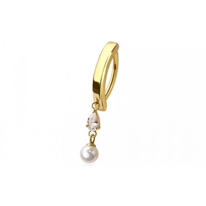 Dangling CZ Crystal Teardrop with Faux Pearl Hinged Curved Bar Clicker Belly Button Ring - 316L Stainless Steel