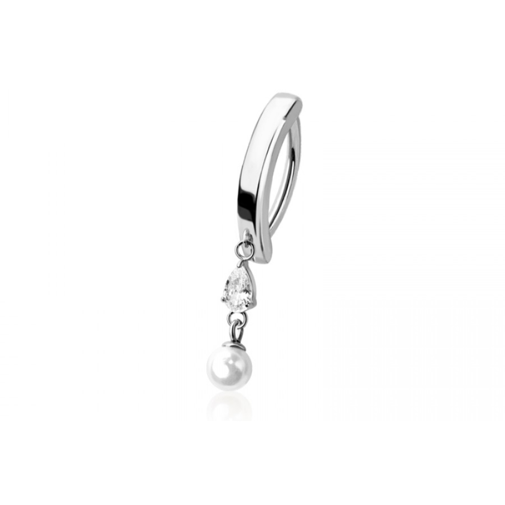 Dangling CZ Crystal Teardrop with Faux Pearl Hinged Curved Bar Clicker Belly Button Ring - 316L Stainless Steel