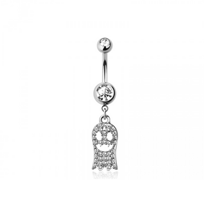 CZ Crystal Smiling Ghost Dangling Belly Button Ring - 316L Stainless Steel