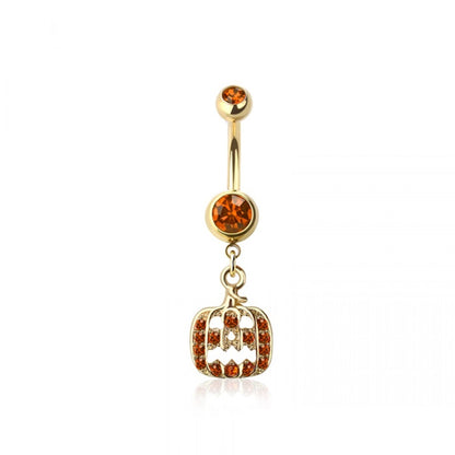 CZ Crystal Pumpkin Dangling Belly Button Ring - 316L Stainless Steel