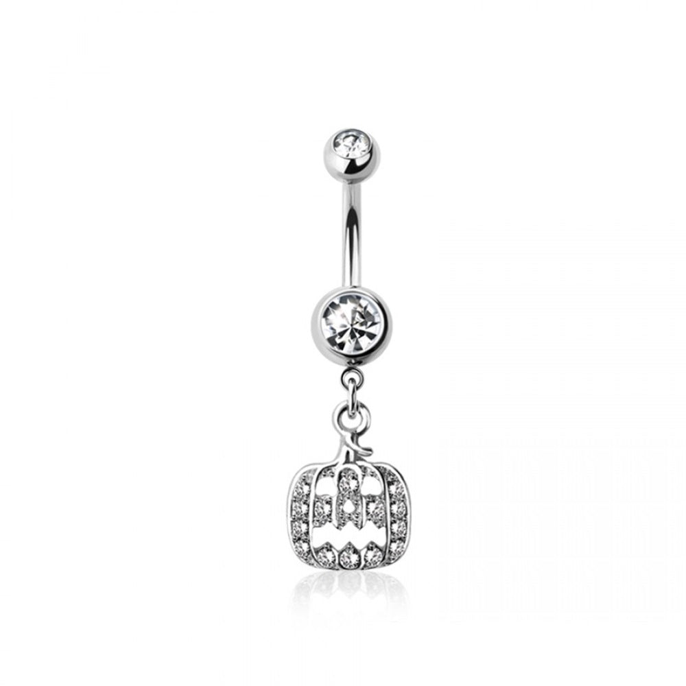 CZ Crystal Pumpkin Dangling Belly Button Ring - 316L Stainless Steel