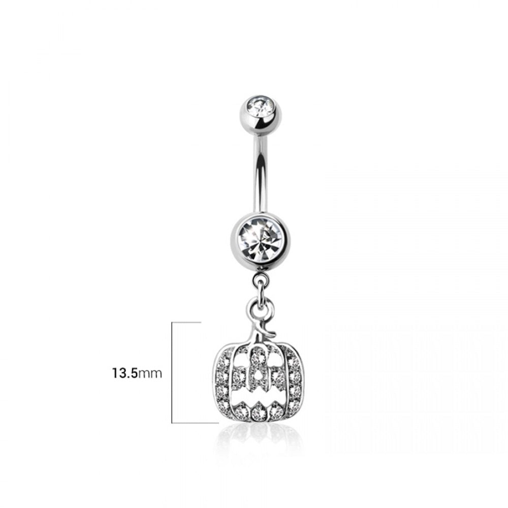 CZ Crystal Pumpkin Dangling Belly Button Ring - 316L Stainless Steel