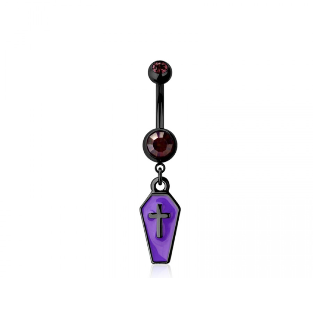 CZ Crystal Enamel Cross Coffin Dangling Belly Button Ring - 316L Stainless Steel