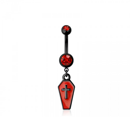 CZ Crystal Enamel Cross Coffin Dangling Belly Button Ring - 316L Stainless Steel