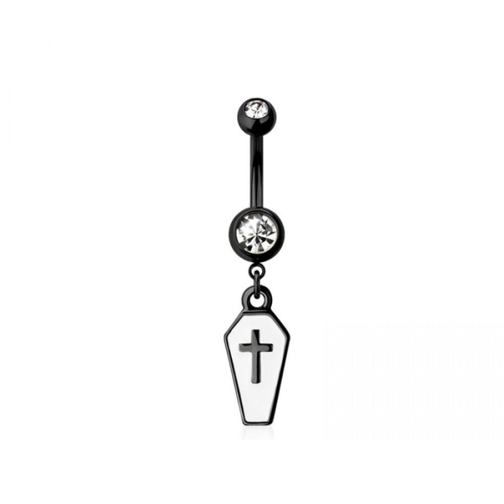 CZ Crystal Enamel Cross Coffin Dangling Belly Button Ring - 316L Stainless Steel