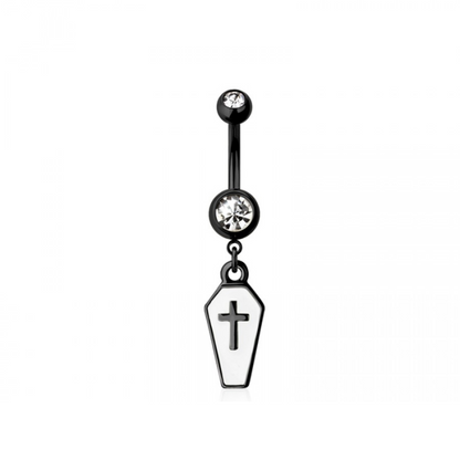 CZ Crystal Enamel Cross Coffin Dangling Belly Button Ring - 316L Stainless Steel