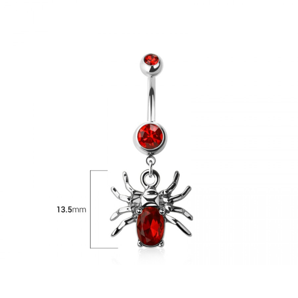 Red CZ Crystal Spider Dangling Belly Button Ring - 316L Stainless Steel