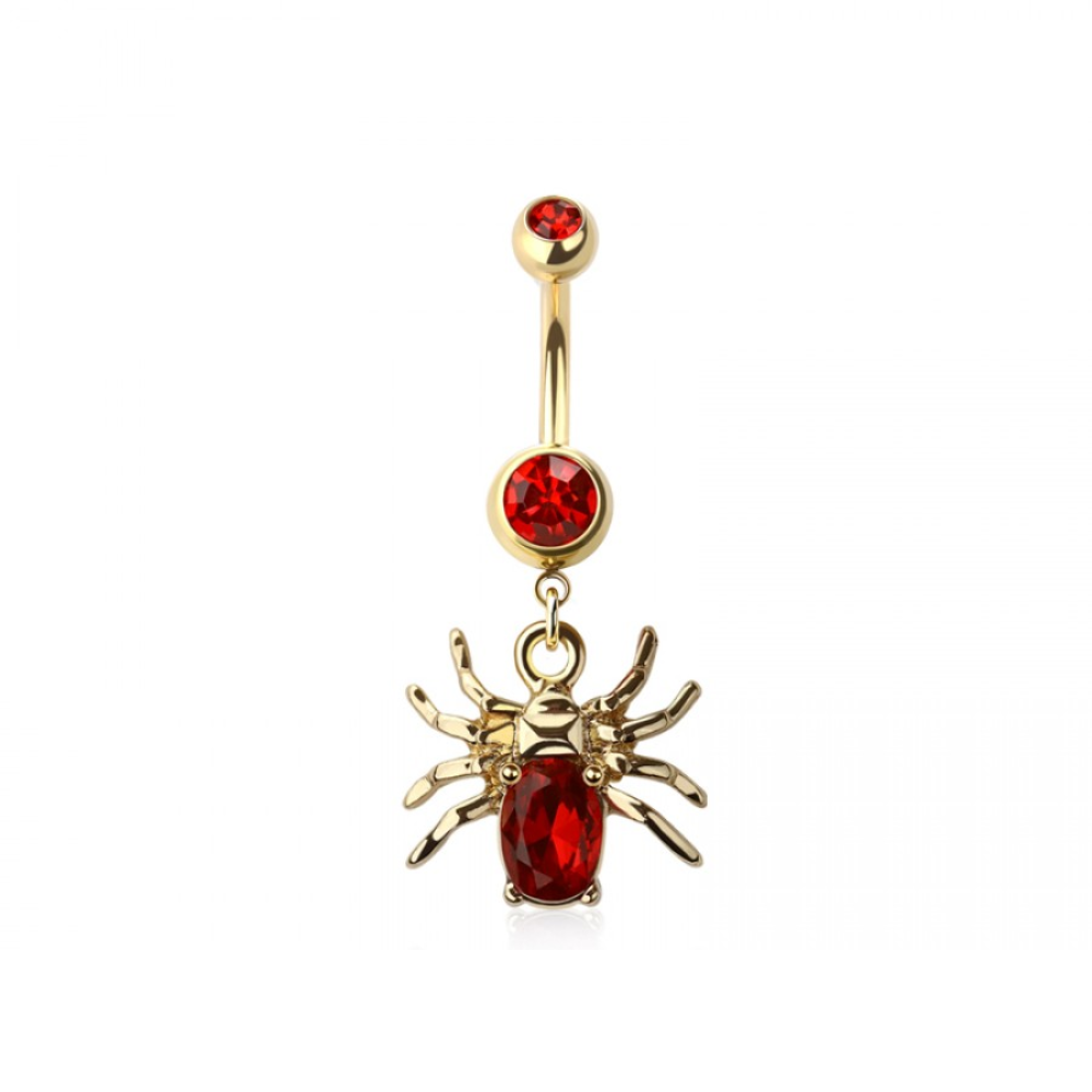 Red CZ Crystal Spider Dangling Belly Button Ring - 316L Stainless Steel