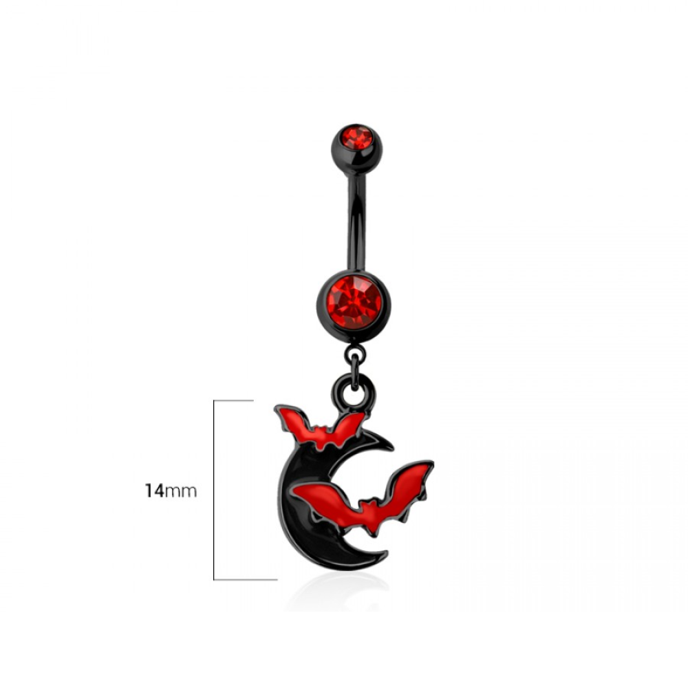 CZ Crystal Crescent Moon and Bats Dangling Belly Button Ring - 316L Stainless Steel