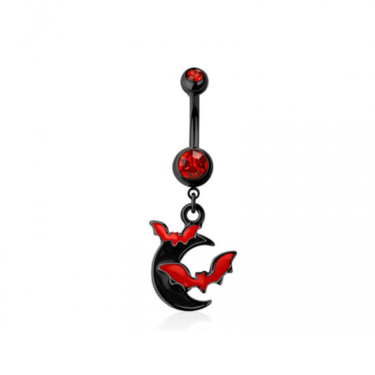 CZ Crystal Crescent Moon and Bats Dangling Belly Button Ring - 316L Stainless Steel
