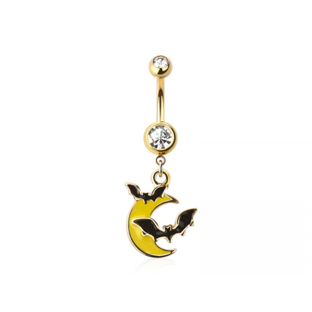 CZ Crystal Crescent Moon and Bats Dangling Belly Button Ring - 316L Stainless Steel