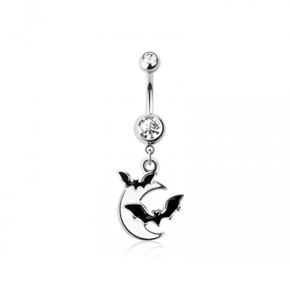 CZ Crystal Crescent Moon and Bats Dangling Belly Button Ring - 316L Stainless Steel