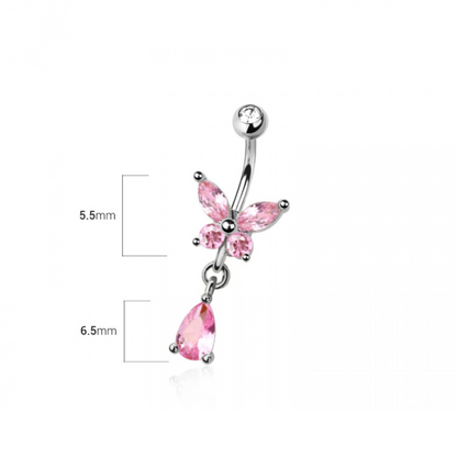Pink CZ Crystal Butterfly with Dangling Gem Belly Button Ring - 316L Stainless Steel