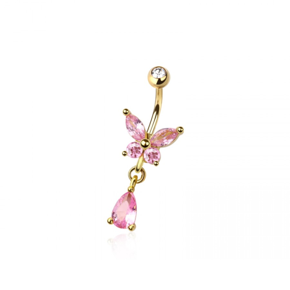 Pink CZ Crystal Butterfly with Dangling Gem Belly Button Ring - 316L Stainless Steel