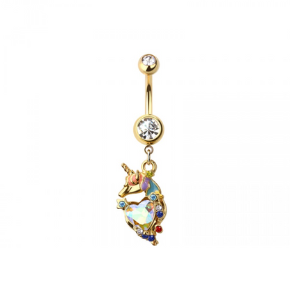 CZ Crystal Unicorn Dangling Belly Button Ring - 316L Stainless Steel