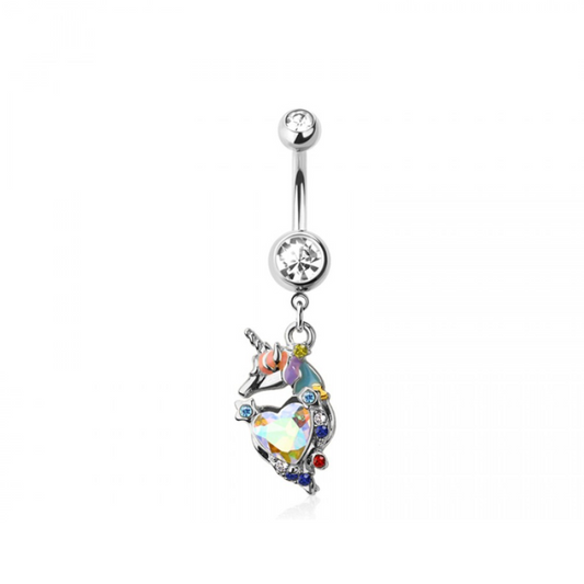 CZ Crystal Unicorn Dangling Belly Button Ring - 316L Stainless Steel