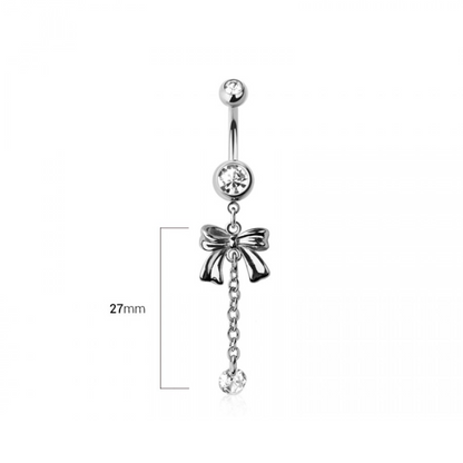 CZ Crystal Bow with Dangling Chain and Gem Belly Button Ring - 316L Stainless Steel