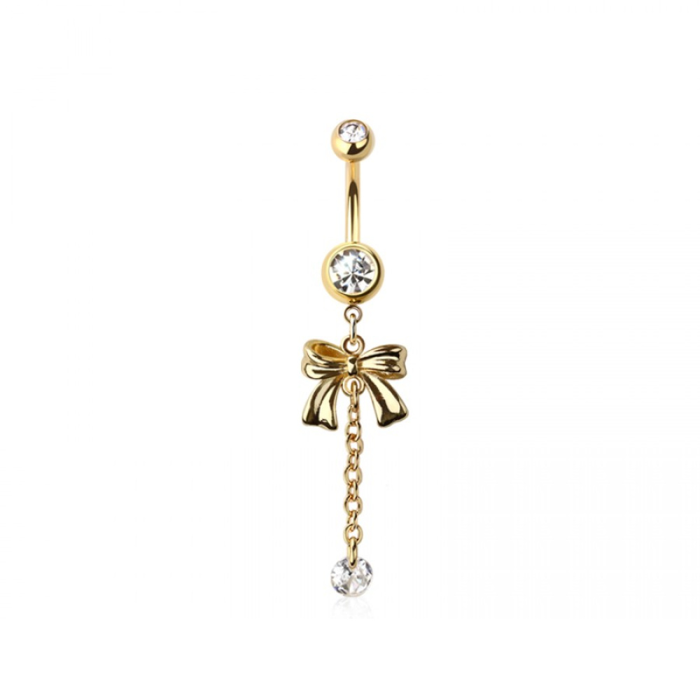 CZ Crystal Bow with Dangling Chain and Gem Belly Button Ring - 316L Stainless Steel
