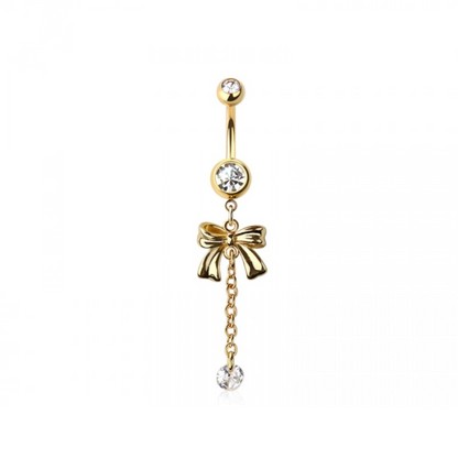 CZ Crystal Bow with Dangling Chain and Gem Belly Button Ring - 316L Stainless Steel