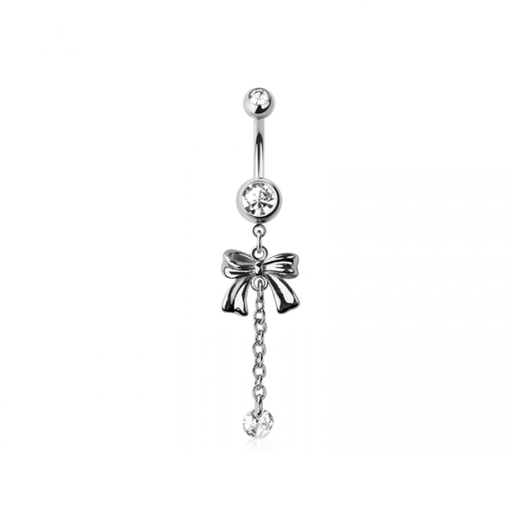 CZ Crystal Bow with Dangling Chain and Gem Belly Button Ring - 316L Stainless Steel