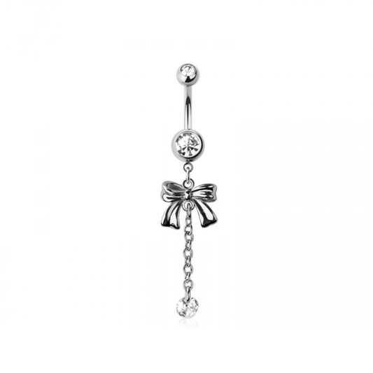 CZ Crystal Bow with Dangling Chain and Gem Belly Button Ring - 316L Stainless Steel