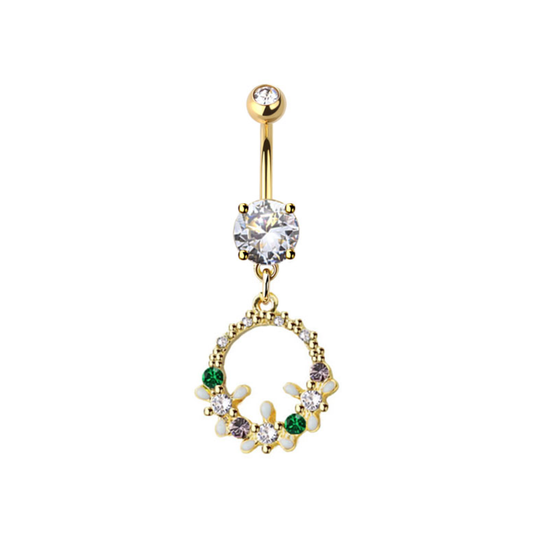 Floral Wreath Dangling Belly Button Ring - Gold Plated 316L Stainless Steel