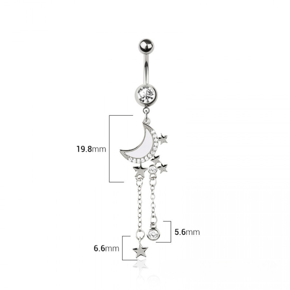 CZ Crystal Dangling Moon with Star Chains Belly Button Ring