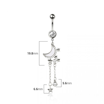 CZ Crystal Dangling Moon with Star Chains Belly Button Ring