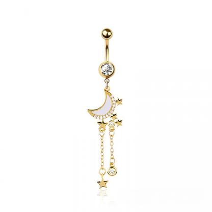 CZ Crystal Dangling Moon with Star Chains Belly Button Ring