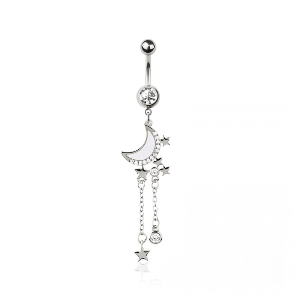 CZ Crystal Dangling Moon with Star Chains Belly Button Ring