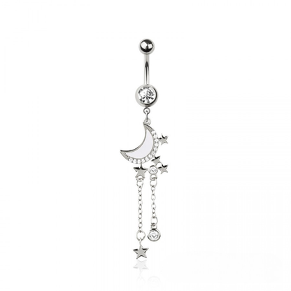 CZ Crystal Dangling Moon with Star Chains Belly Button Ring