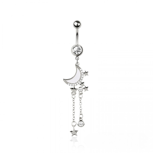 CZ Crystal Dangling Moon with Star Chains Belly Button Ring