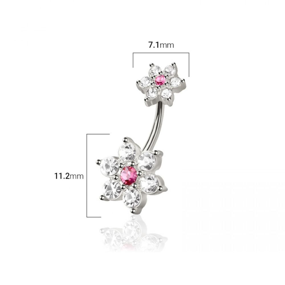 CZ Crystal Double Pink Flower Belly Button Ring - 316L Stainless Steel