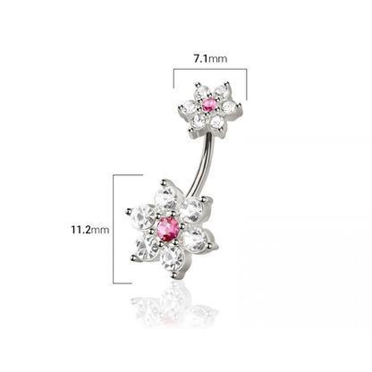CZ Crystal Double Pink Flower Belly Button Ring - 316L Stainless Steel