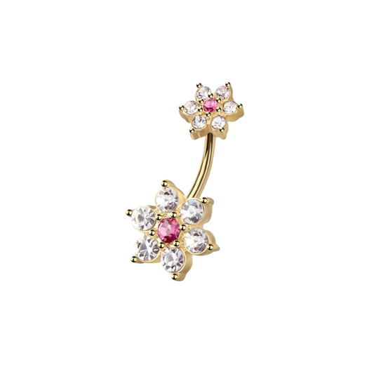 CZ Crystal Double Pink Flower Belly Button Ring - 316L Stainless Steel