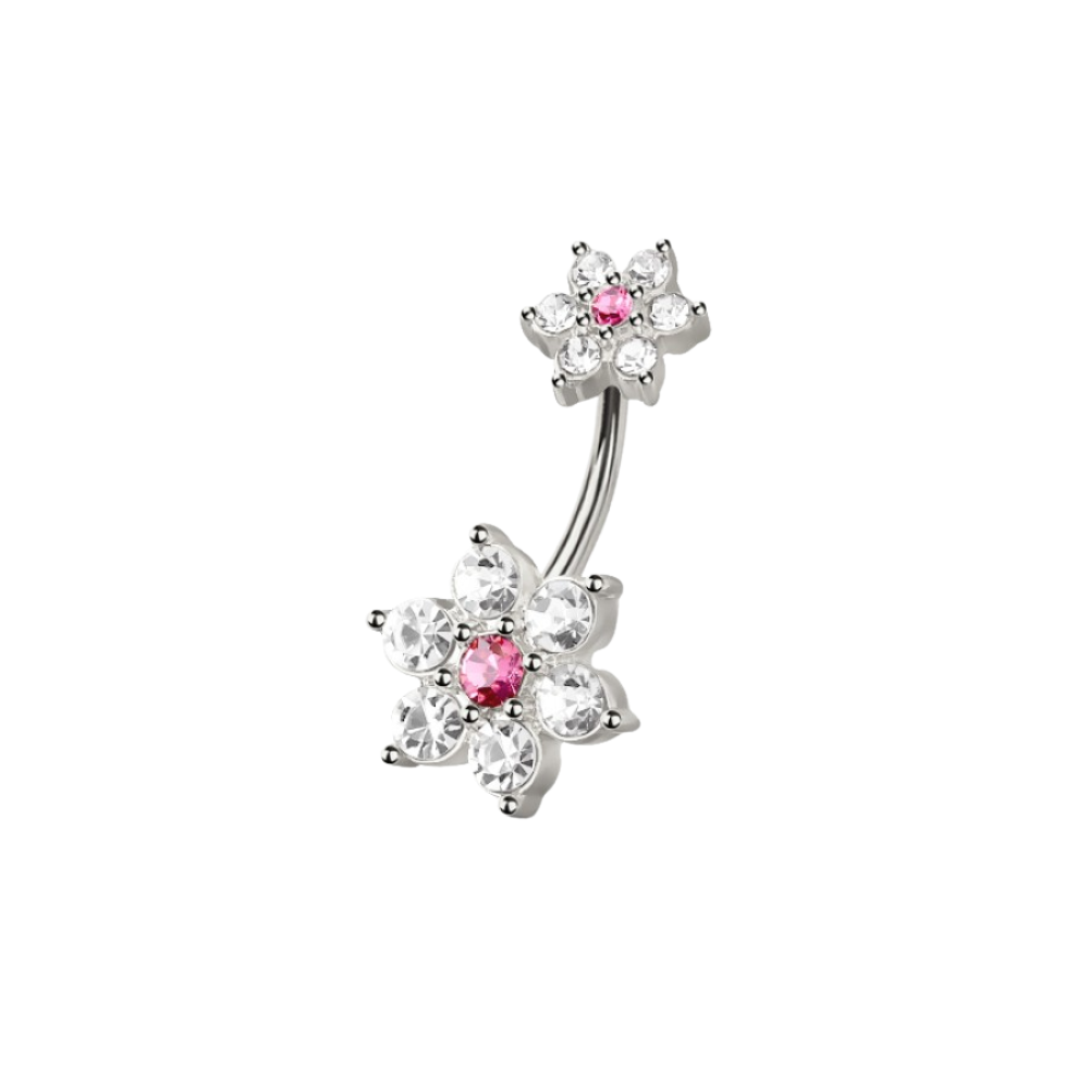 CZ Crystal Double Pink Flower Belly Button Ring - 316L Stainless Steel